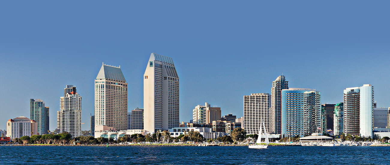 Photograph showing the coast and buildings of San Diego.