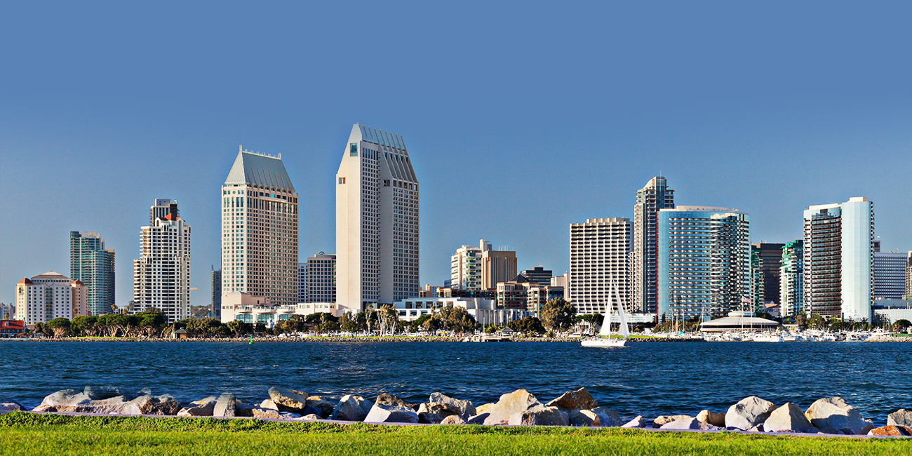 Photograph showing the coast and buildings of San Diego.